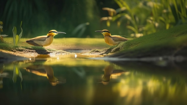 Due uccelli sulla riva di un lago