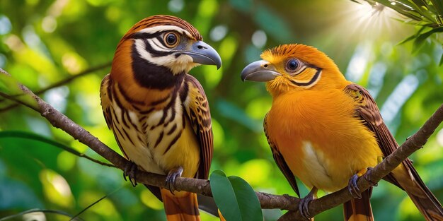 Due uccelli tropicali colorati nella giungla in una giornata di sole Illustrazione della foresta pluviale con bellissimi uccellini tra piante esotiche con grandi foglie Sfondo con paesaggio naturale incontaminato IA generativa