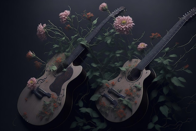 Due ukulele con fiori sullo sfondo