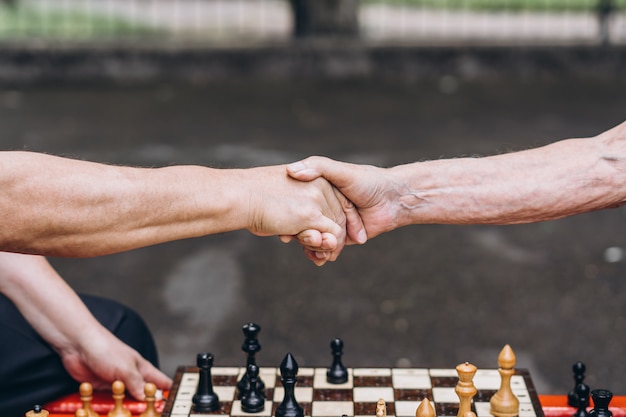 Due uomini adulti senior che giocano a scacchi sulla panchina all'aperto nel parco.