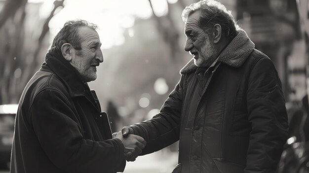 Due uomini anziani che si stringono la mano all'aperto sono entrambi vestiti casualmente e hanno un'espressione amichevole sui loro volti
