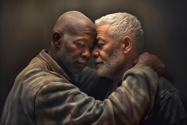 Due uomini anziani felici che si abbracciano uno nero l'altro LGBT gay caucasico