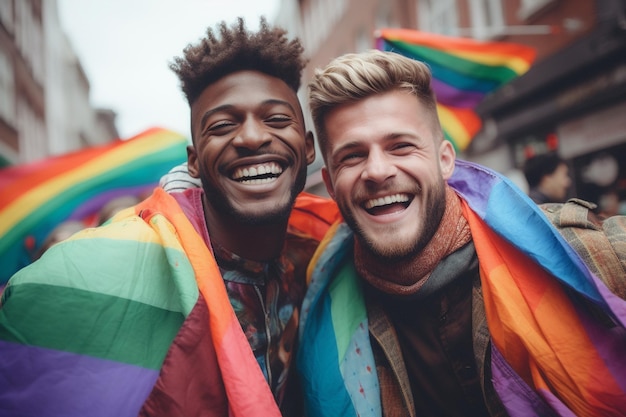 Due uomini avvolti in una coperta bandiera arcobaleno