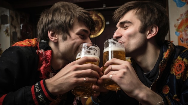 Due uomini che bevono birra in un pub