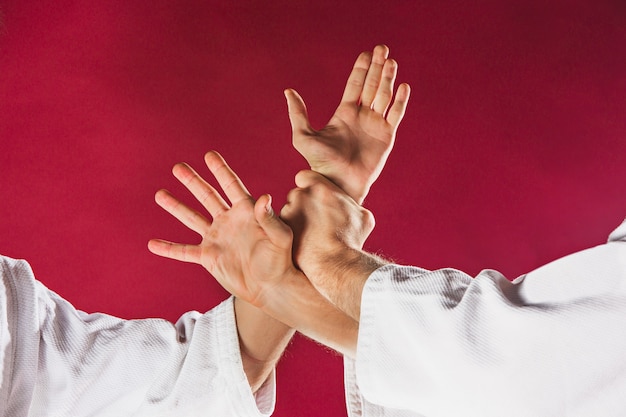 Due uomini che combattono durante l'allenamento di Aikido in una scuola di arti marziali