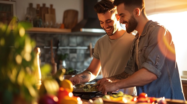 Due uomini che cucinano insieme in una cucina soleggiata
