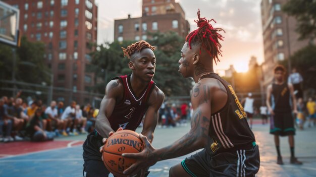 Due uomini che giocano a basket in un parco