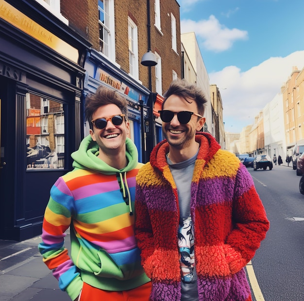 due uomini che indossano occhiali da sole, uno con una giacca color arcobaleno.