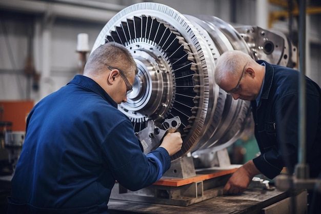 due uomini che lavorano su un aereo con il motore in funzione