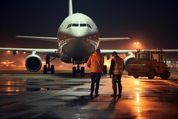 due uomini che lavorano sulla taxiway di un grande aereo di notte nello stile fotorealistico