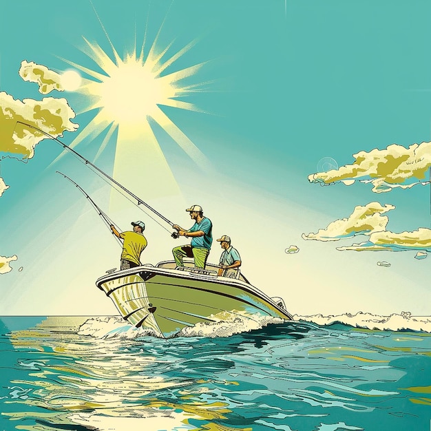 Due uomini che pescano su una barca nell'oceano Il concetto di pescatore