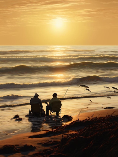 Due uomini che pescano su una spiaggia con il sole che tramonta dietro di loro.