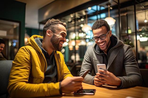 Due uomini che ridono mentre guardano un cellulare