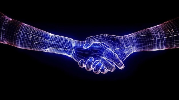 Due uomini che si stringono la mano Il mondo virtuale Concetto di intelligenza artificiale generativa di successo online