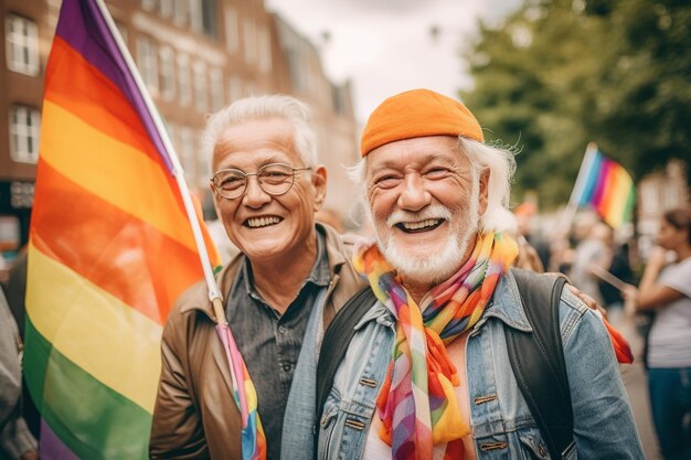 Due uomini che tengono una bandiera arcobaleno e sorridono