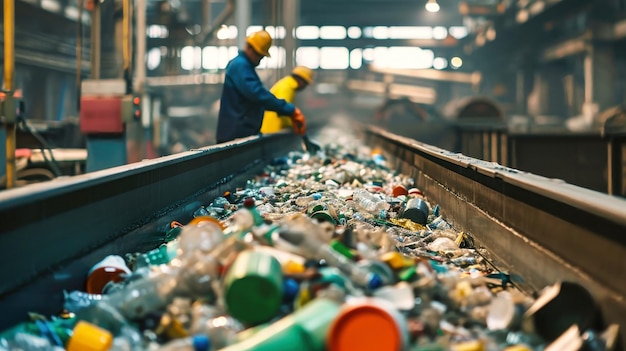 Due uomini con giacche gialle e cappelli arancione che classificano bottiglie di plastica in un impianto di trasformazione dei rifiuti