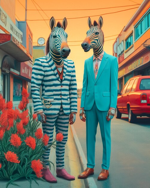 Due uomini con maschere zebrate blu si trovano all'angolo di una strada Illustrazione artistica