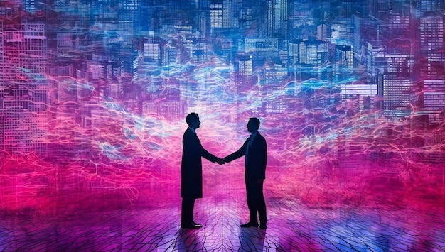 Due uomini d'affari che si stringono la mano davanti a una città