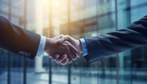 due uomini d'affari che si stringono la mano facendo un accordo in un ambiente aziendale luminoso AI