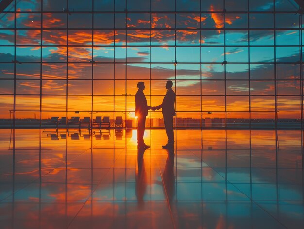 Due uomini d'affari che si stringono la mano nella hall dell'aeroporto al tramonto