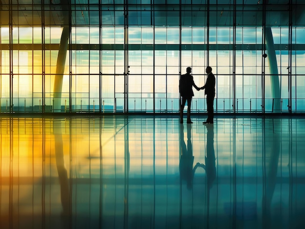 Due uomini d'affari che si stringono la mano nella hall dell'aeroporto al tramonto