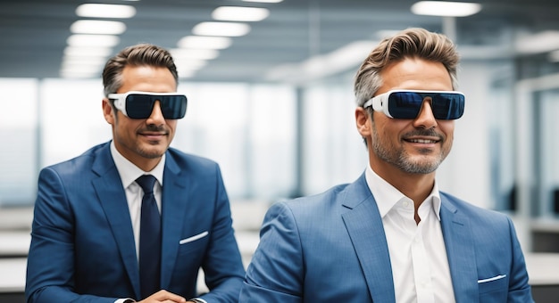 Due uomini d'affari di aspetto europeo in abito da lavoro blu sono in un moderno ufficio luminoso l'uomo è seduto in un auricolare di realtà virtuale VR