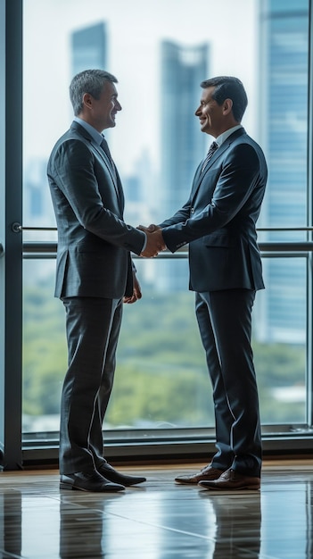 Due uomini d'affari in abito che si stringono la mano in un ufficio con un paesaggio urbano moderno sullo sfondo