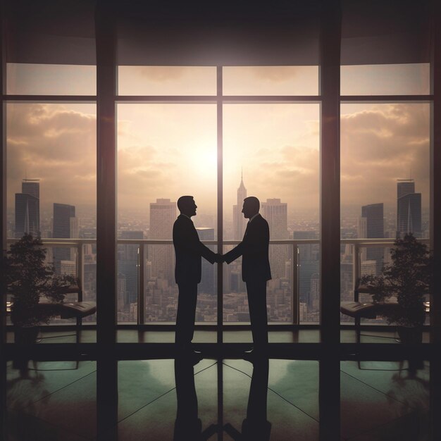 Due uomini d'affari si incontrano e si stringono la mano sul retro della finestra generata dall'AI