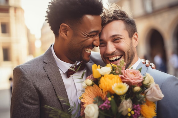 Due uomini felici innamorati condividono i loro voti e si sposano Obiettivi di relazione LGBTQ