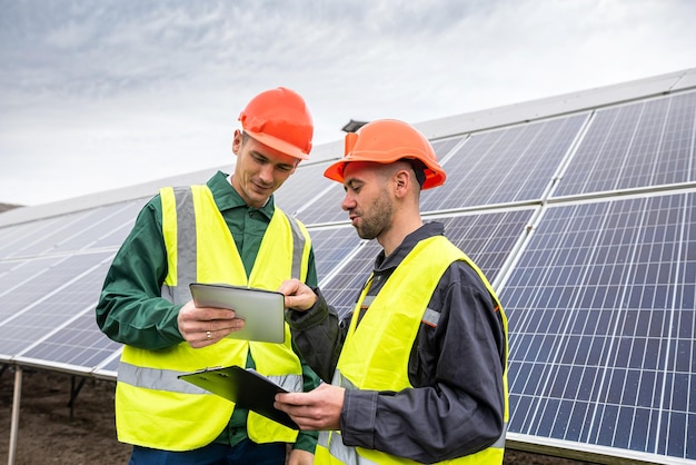 Due uomini forti e qualificati in caschi e giubbotti stanno e parlano in pannelli solari Concetto di elettricità verde