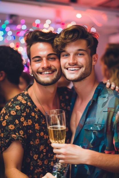 Due uomini gay felici che si divertono a una festa notturna e bevono champagne