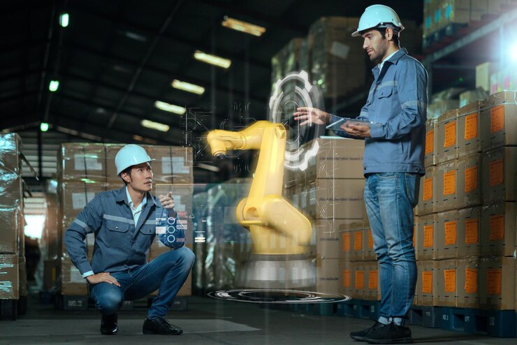 Due uomini in abiti da lavoro blu e un robot giallo