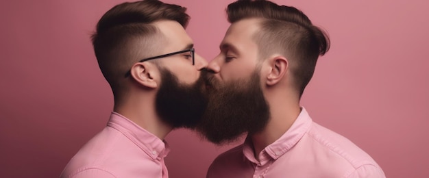 Due uomini in camicie rosa si baciano davanti a uno sfondo rosa.
