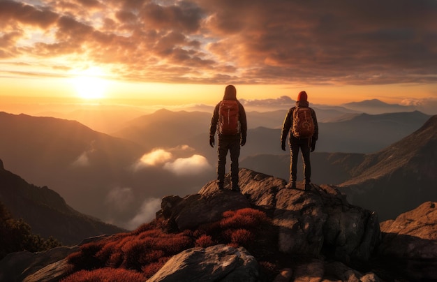 Due uomini in cima a una montagna che si aiutano a vicenda per raggiungere la vetta.