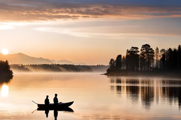 Due uomini in una barca su un lago al tramonto