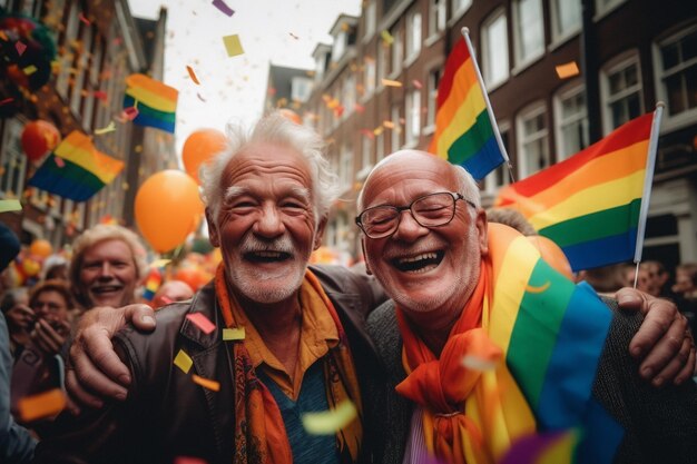 Due uomini in una parata che celebra l'orgoglio di amsterdam