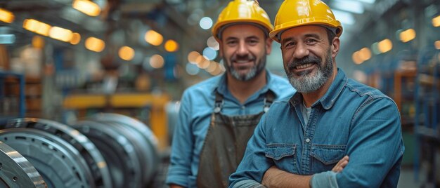 Due uomini maturi e attraenti meccanici in uniforme stanno utilizzando una macchina per riparare o sostituire parti automobilistiche e i loro sforzi di cooperazione sono molto apprezzati