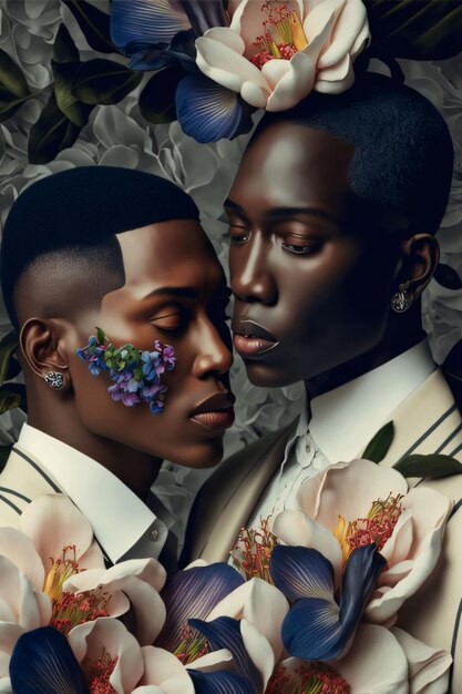 Due uomini neri con fiori in abiti bianchi si avvicinano per celebrare il mese della storia nera