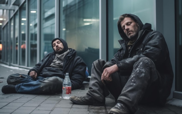 Due uomini seduti accanto all'edificio