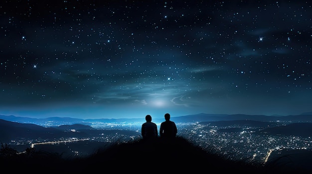 Due uomini si abbracciano su una collina guardando il cielo stellato della città