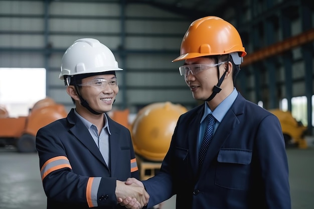 Due uomini si stringono la mano con uno che indossa un casco di sicurezza e l'altro che indossa un casco di sicurezza.