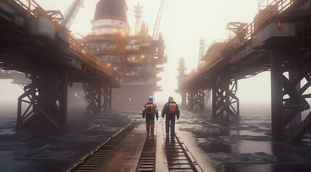 Due uomini si trovano davanti a una piattaforma petrolifera con una grande piattaforma petrolifera sullo sfondo.