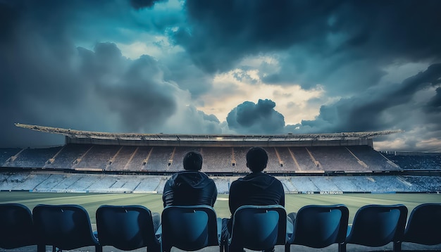 due uomini sono seduti di fronte a uno stadio guardando il cielo