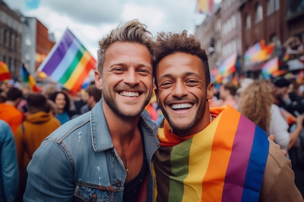 Due uomini sorridono alla telecamera mentre indossano una bandiera arcobaleno.