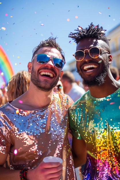 Due uomini sorridono e indossano abiti colorati