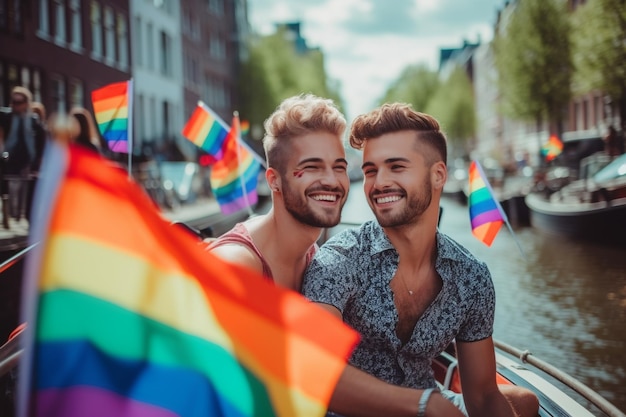 Due uomini sorridono e sorridono in una parata di orgoglio ad amsterdam.