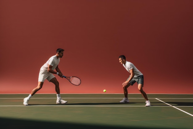 Due uomini stanno sicuri in cima a un campo da tennis, ciascuno con una racchetta. I giocatori di tennis stanno affrontando un colpo con le racchette.