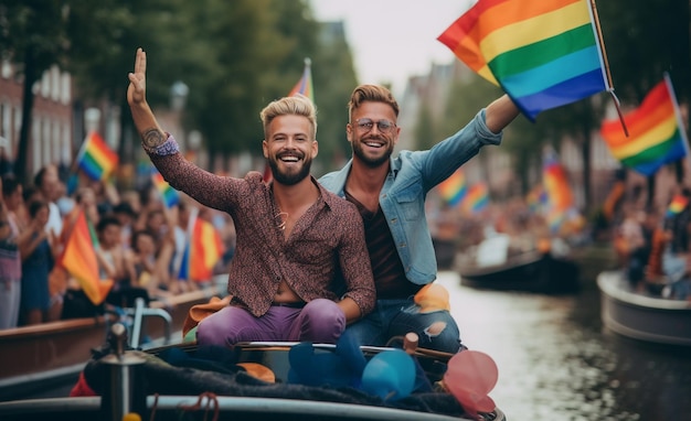 Due uomini su una barca alla Parade dell'orgoglio LGBTQ ad Amsterdam