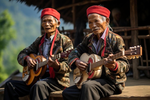 due uomini suonano il banjo e quello a destra indossa un cappello rosso.