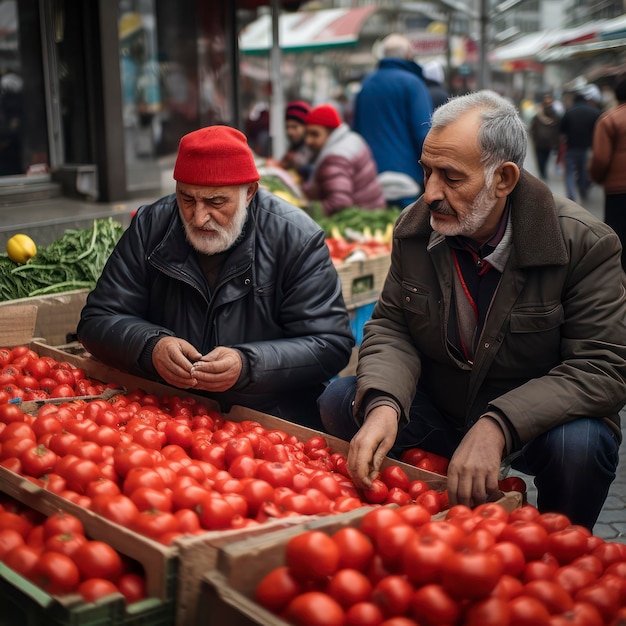 Due uomini vendono pomodori al mercato.
